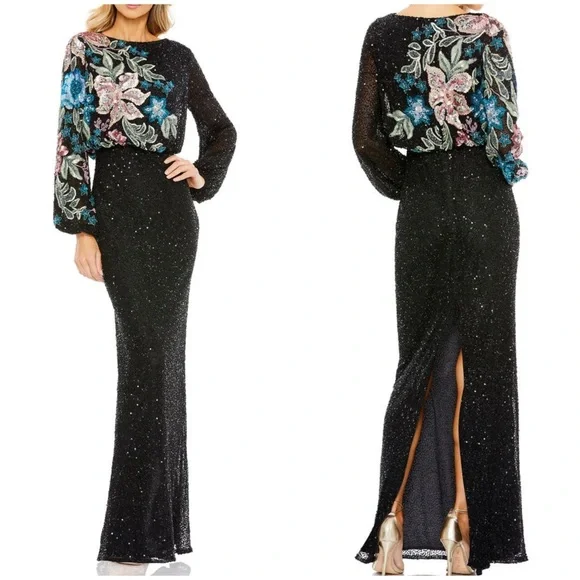 Mac Duggal 5615 size 12 floral embellished gown long blouson sleeves - Picture 4 of 12